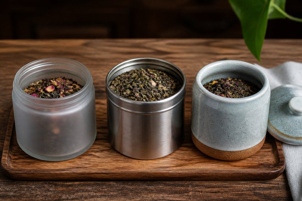 Three different tea storage containers, a frosted glass jar, a stainless steel tin, and a glazed ceramic canister, arranged on a wooden surface with loose leaf tea visible inside each