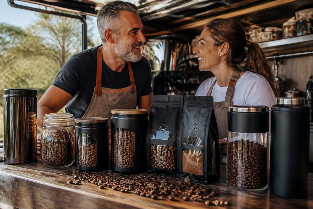 Close-up of various artisanal coffee storage containers including opaque airtight jars, original bags with one-way valves, and vacuum-sealed vessels on a kitchen counter with whole coffee beans scattered nearby