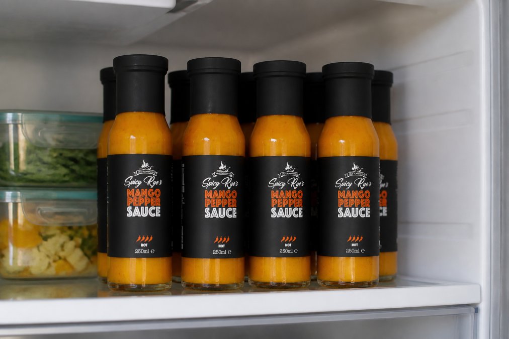 Artisanal hot sauce bottles neatly arranged on a refrigerator shelf with airtight caps, showing proper storage placement away from light and door