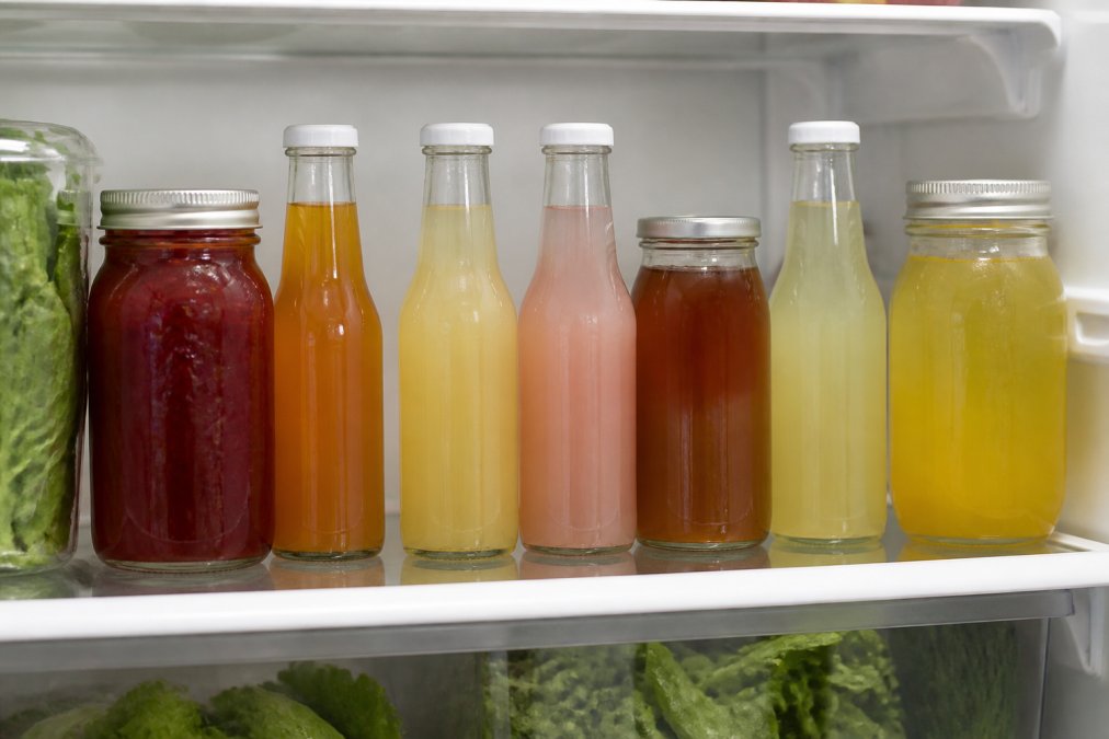 Glass bottles and mason jars of artisanal shrub soda lined up in a refrigerator shelf with proper spacing, showing airtight seals and labels visible
