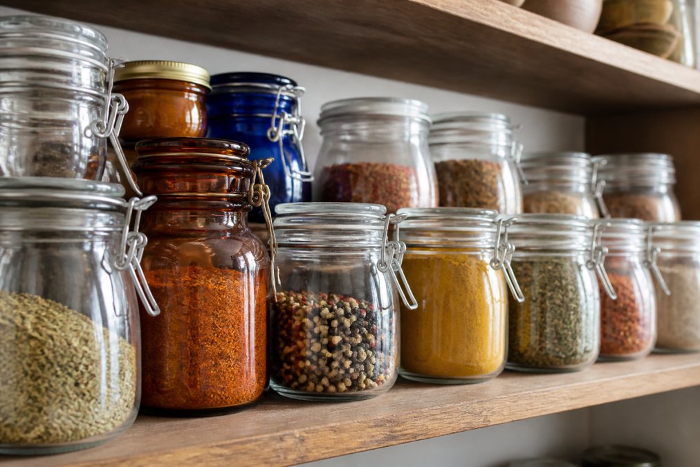 Close-up of various glass storage jars and airtight containers in amber, blue, and clear glass, filled with colorful spice blends arranged on a kitchen shelf with organized labels visible