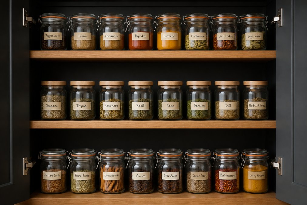 Organized spice cabinet with neatly labeled glass containers arranged by category, clear handwritten labels visible on each jar, cool dark pantry interior with organized shelving