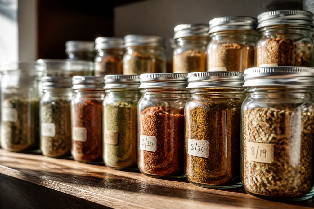 Close-up of several glass mason jars filled with vibrant, colorful artisanal spice blends, sealed with hermetic lids and labeled with handwritten dates, arranged on a dark wooden shelf with natural afternoon light streaming across the containers