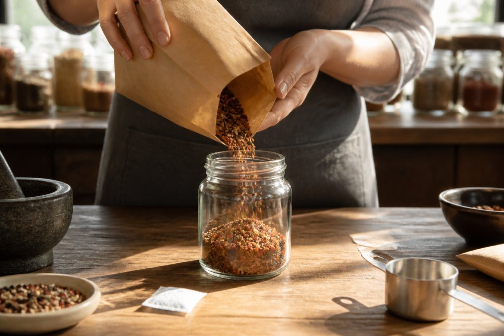 Hands carefully pouring a vibrant artisanal spice blend from a paper bag into a clear glass jar, with a food-grade silica gel packet visible on the kitchen counter nearby, morning sunlight illuminating the colorful spices mid-pour