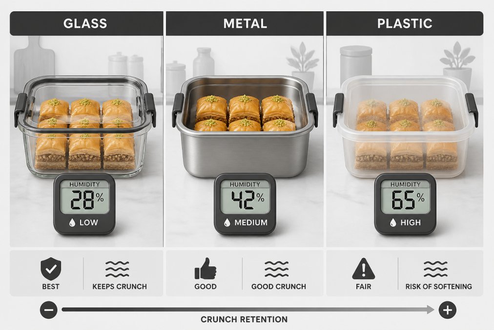 Side-by-side comparison of glass, metal, and plastic airtight containers, each filled with golden baklava pieces, displayed on a kitchen counter with a humidity meter showing different readings for each container type