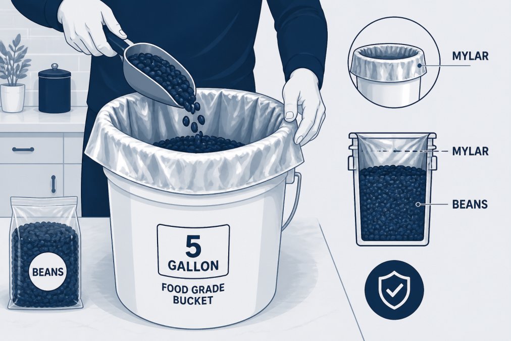 Person's hands carefully placing dried beans into a food-grade 5-gallon bucket lined with a Mylar bag, with the bag's edges visible folded over the bucket rim in a bright kitchen setting