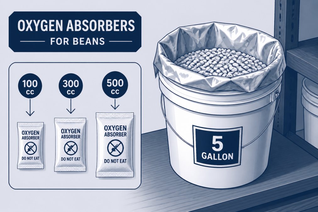Three oxygen absorber packets displayed next to an open 5-gallon bucket containing dried beans with a Mylar bag folded at the edges, ready for sealing, on a wooden storage shelf
