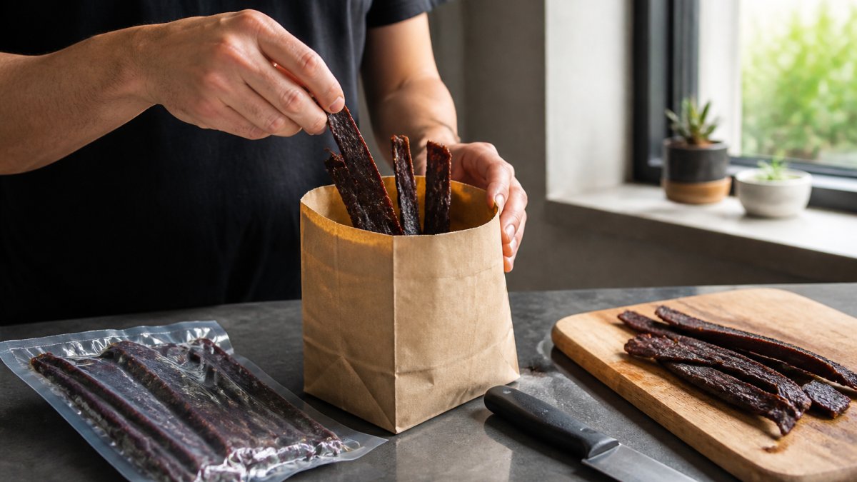 Person placing strips of biltong into a brown paper bag to store biltong properly on a kitchen counter.
