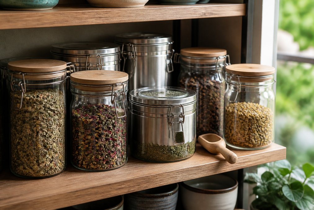 Airtight glass and steel containers storing bulk herbal tea on a pantry shelf with a wooden scoop nearby.