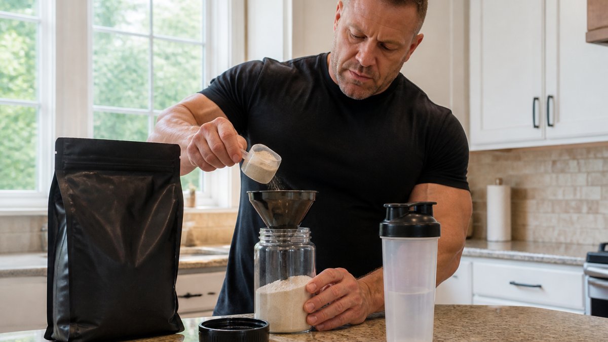 A person in a home kitchen using a scoop to portion protein powder from a large bulk bag into a smaller airtight container, with a funnel and shaker bottle on the counter