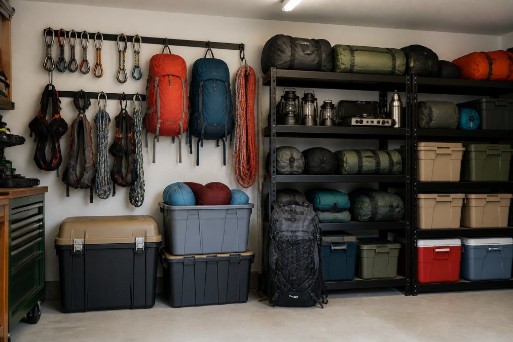 Well-organized garage interior with wall-mounted hooks holding climbing gear and backpacks, metal shelving units displaying neatly arranged camping equipment with labeled storage bins, and open floor space for large containers, bright overhead lighting
