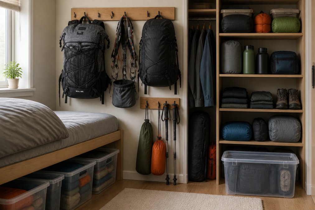 Compact apartment bedroom closet space with vertical storage solutions including wall-mounted hooks holding backpacks and harnesses, under-bed storage containers with camping gear, compact shelving units, and labeled storage boxes organized efficiently in limited square footage