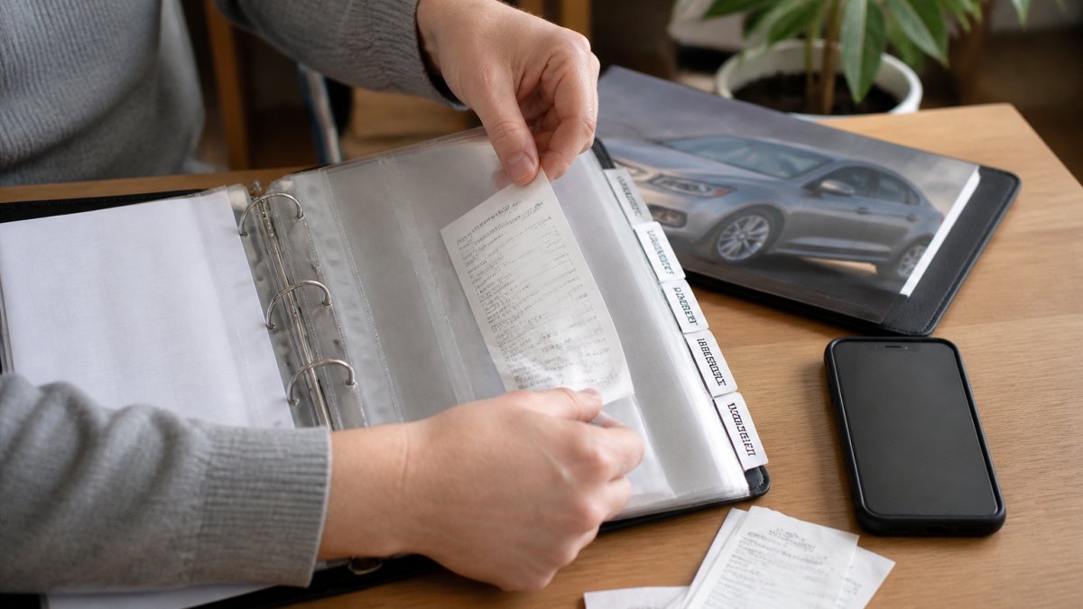 Organized desk with open three-ring binder containing labeled warranty dividers, loose receipts being filed into page protectors, and a smartphone displaying a maintenance tracking app side by side