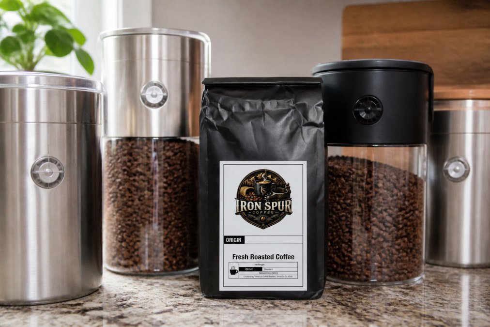 Close-up of various opaque airtight coffee storage containers on a kitchen counter, showing sealed canisters with one-way degassing valves and brushed metal finishes in natural daylight