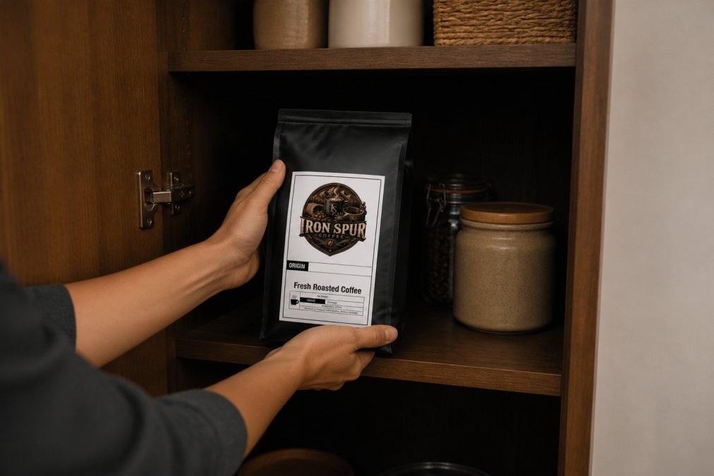 Hands carefully placing a sealed opaque coffee storage container into a cool, dark pantry cupboard away from direct sunlight, with wooden shelving and no heat sources nearby