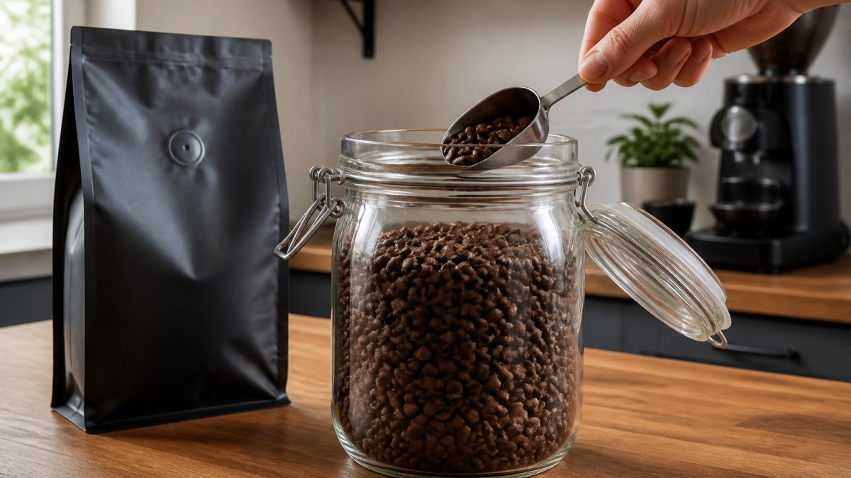Hand scooping whole coffee beans from a glass clamp-lid jar next to a resealable valve bag on a kitchen counter