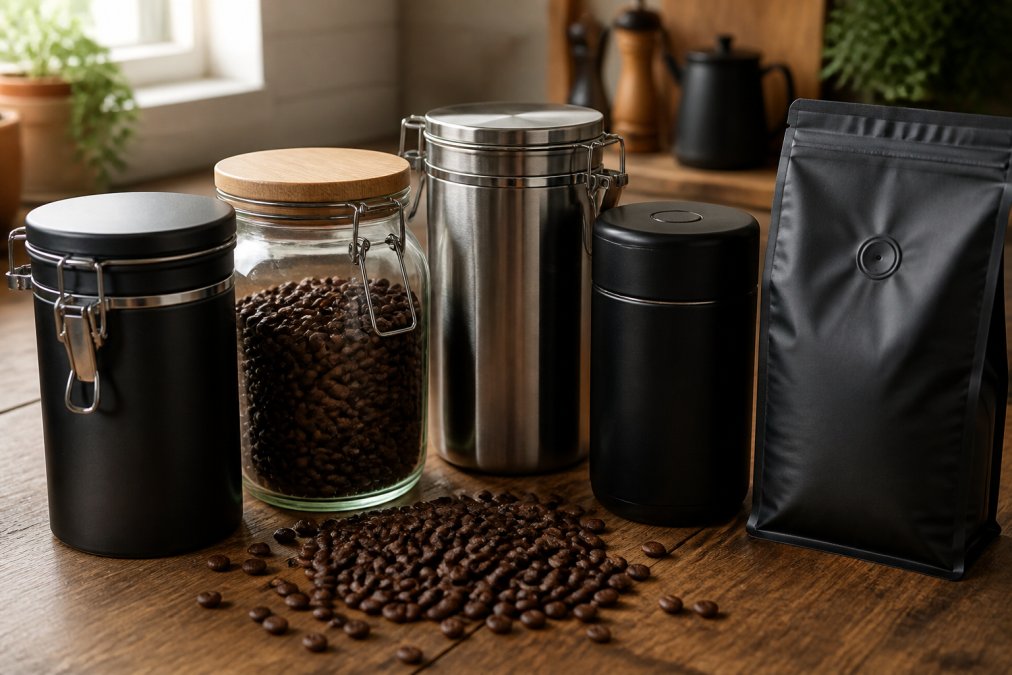 Close-up of several airtight coffee canisters and a sealed bag with a one-way valve arranged on a wooden kitchen counter, with whole coffee beans scattered nearby, soft natural window light illuminating the scene