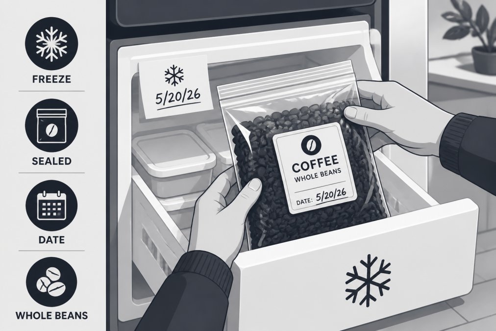 Hands placing a sealed, labeled freezer bag of whole coffee beans into a freezer drawer, with a small sticky note showing a date written in marker, under bright kitchen lighting