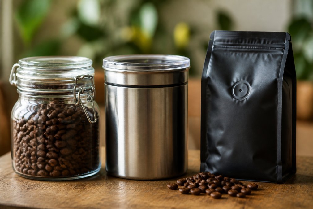 Close-up of various coffee storage containers including a clear glass jar, stainless steel canister, and sealed bag with one-way valve arranged on a wooden countertop with fresh roasted beans visible inside