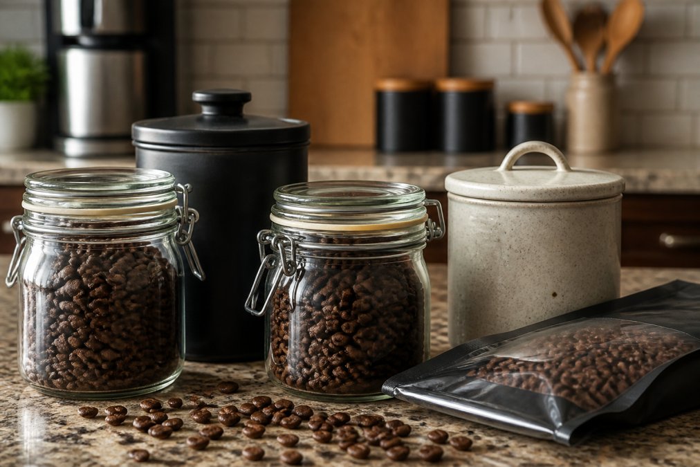 Close-up of various coffee storage containers including airtight glass jars with rubber seals, opaque ceramic canisters, and vacuum-sealed bags arranged on a kitchen counter with fresh whole coffee beans scattered nearby
