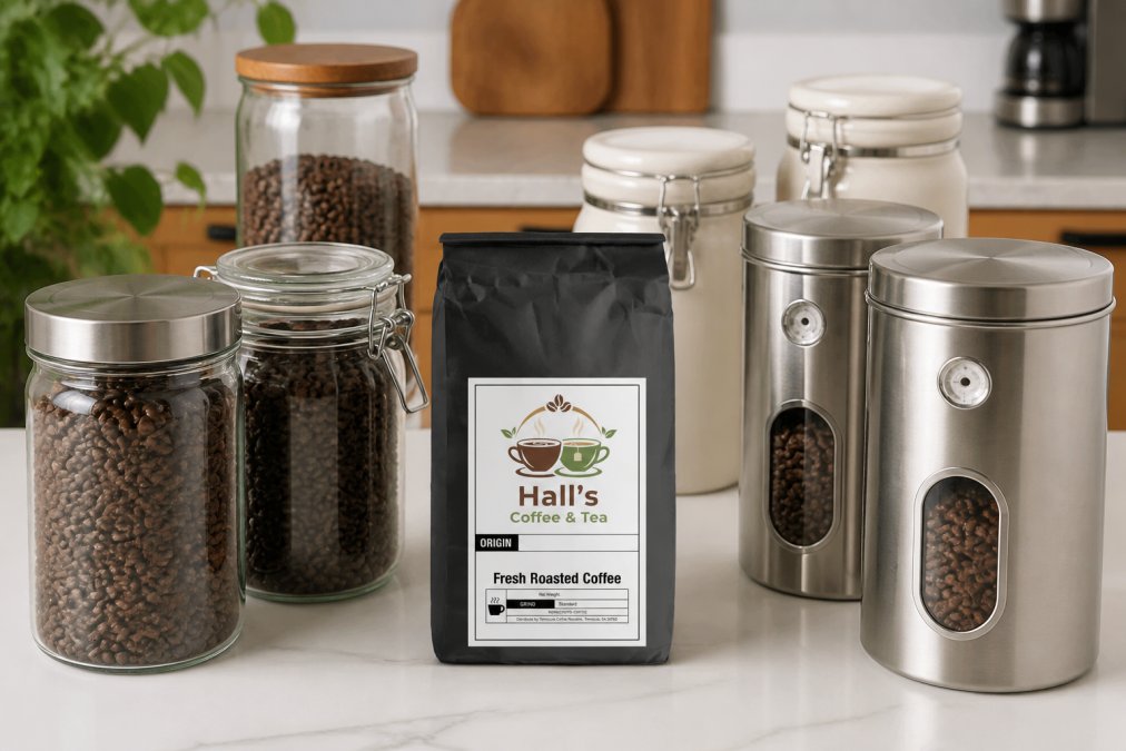 Several different coffee storage containers on a kitchen counter, including glass jars with metal lids, ceramic canisters with rubber seals, and stainless steel containers with one-way valves visible, with whole coffee beans visible through transparent sections