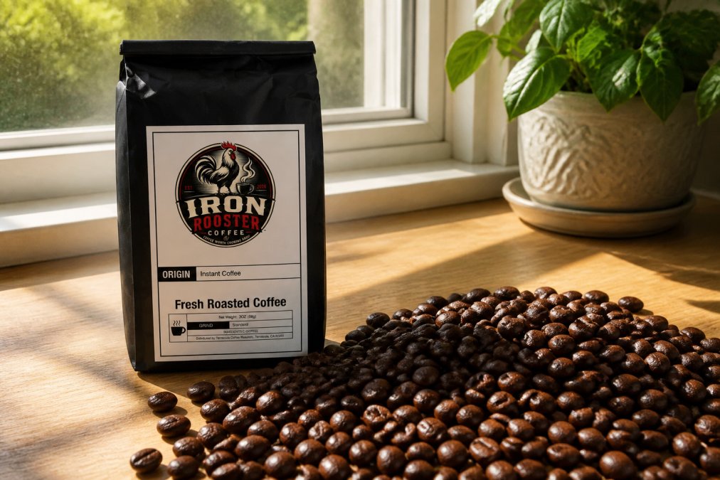 Close-up of whole coffee beans in direct sunlight streaming through a kitchen window, showing the glossy surface detail of fresh roasted beans with light creating shadows between individual beans