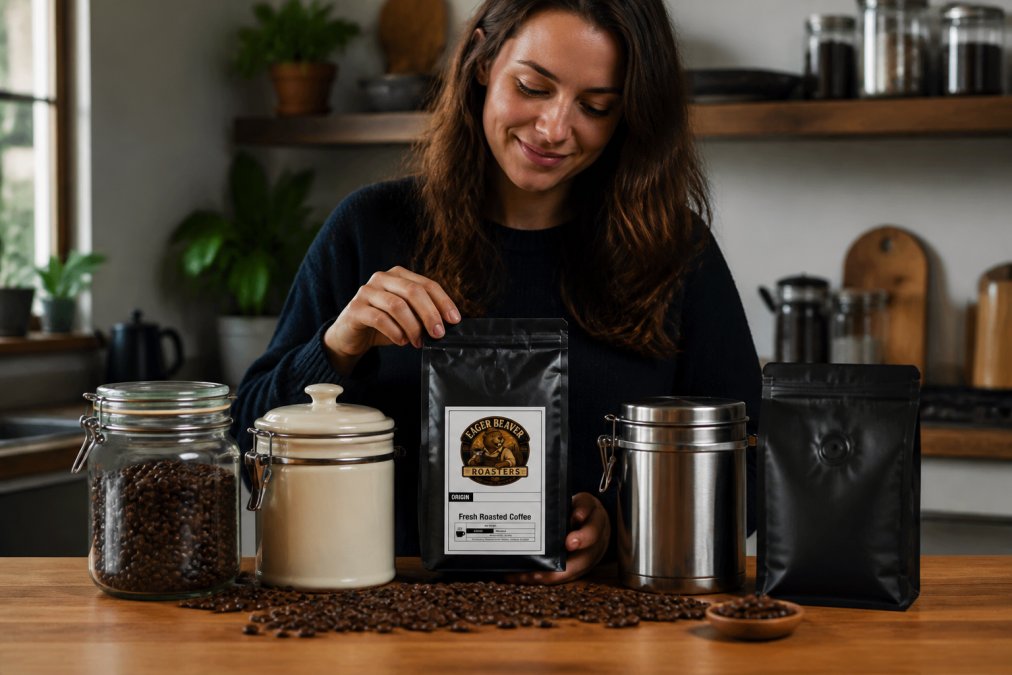 Close-up of various coffee storage containers, airtight glass jars with rubber gaskets, opaque ceramic canisters with tight seals, stainless steel tins, and sealed vacuum-storage bags, arranged on a wooden counter with whole coffee beans scattered nearby