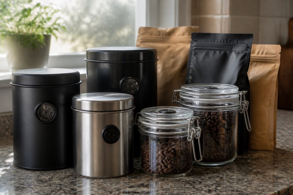 Close-up of various airtight coffee storage containers arranged on a kitchen counter, showing opaque canisters with one-way degassing valves, vacuum-sealed glass jars with metal clasps, and original coffee bags with resealable zippers, natural window light in background