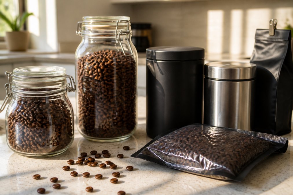 Close-up of various airtight glass jars, opaque metal canisters, and vacuum-sealed coffee bags arranged on a kitchen counter with fresh coffee beans scattered nearby, morning sunlight creating shadows