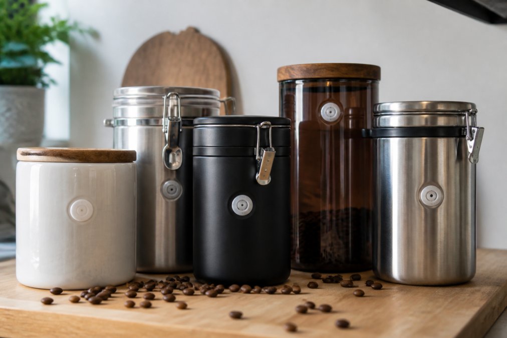 Close-up of various airtight coffee storage containers with one-way valves arranged on a kitchen countertop, including opaque ceramic jars, stainless steel canisters, and dark glass vessels, with whole coffee beans scattered on the surface