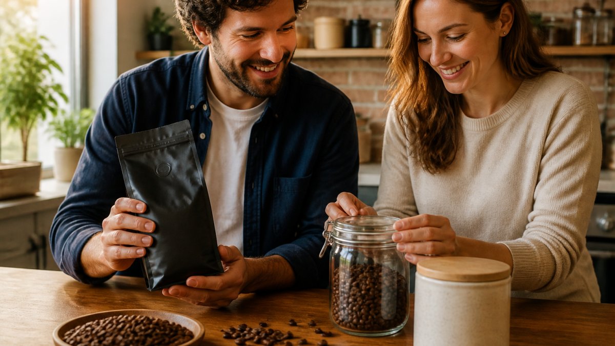 Close-up of various coffee storage containers, an original valve bag, glass airtight jar, and ceramic canister, arranged on a wooden counter with whole coffee beans scattered nearby