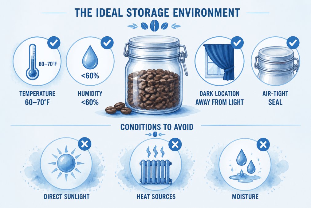 Infographic illustrating ideal coffee storage conditions including temperature, humidity, and light exposure.