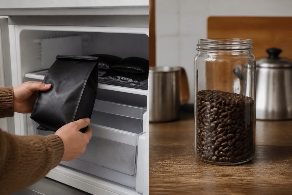 Hands carefully placing a sealed, labeled coffee bag into a freezer compartment with visible frost-free conditions, demonstrating proper freezer storage setup