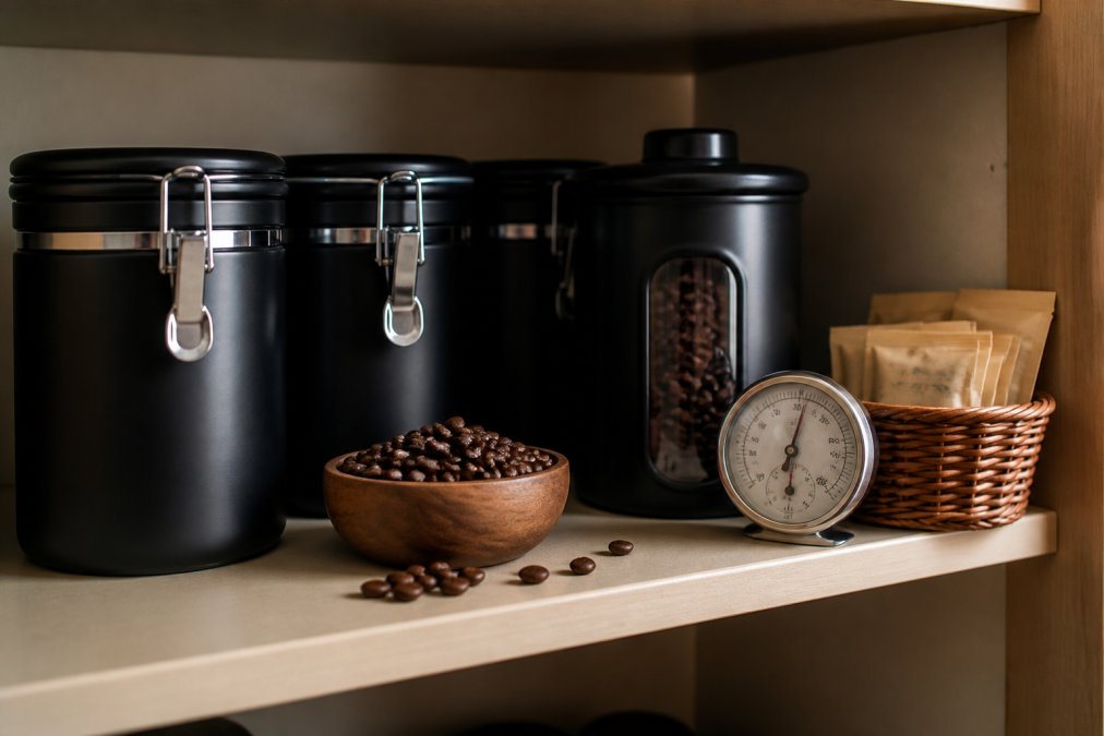 Well-organized cool dark pantry shelf displaying multiple opaque coffee storage containers positioned away from direct sunlight, with a thermometer visible and moisture-absorbing packets nearby