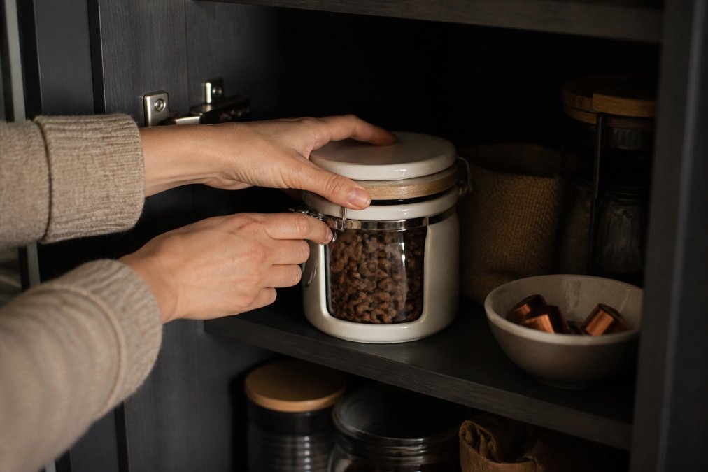 Hands carefully sealing an airtight ceramic canister filled with whole coffee beans in a cool, dark kitchen pantry cabinet with soft natural lighting