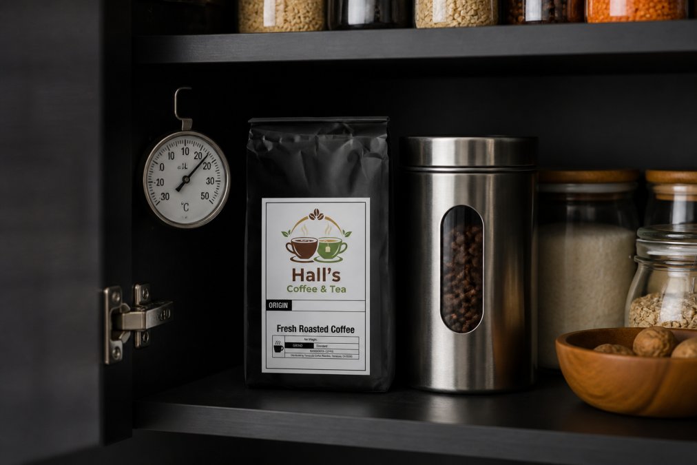 A dark kitchen pantry shelf with an opaque stainless steel coffee storage container positioned away from any heat sources and sunlight, with a thermometer visible showing cool temperature, surrounded by other pantry items in a cool, dry environment