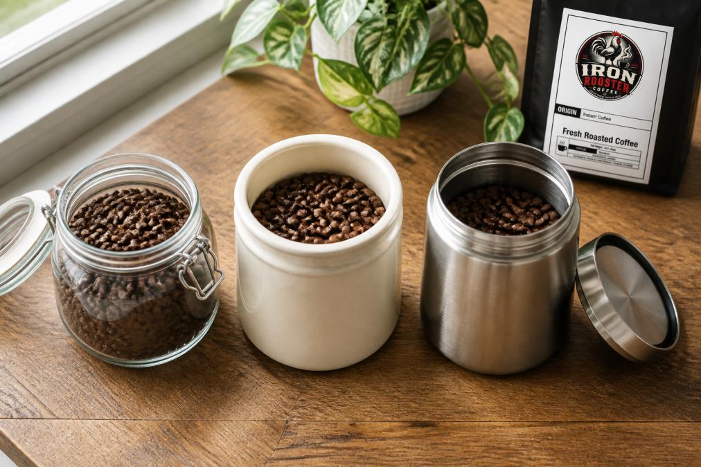 Flat lay photograph of three open storage containers side by side on a wooden surface, a clear glass jar with whole beans visible, a cream-colored ceramic canister with beans inside, and a brushed stainless steel vacuum container, with natural window light illuminating the scene