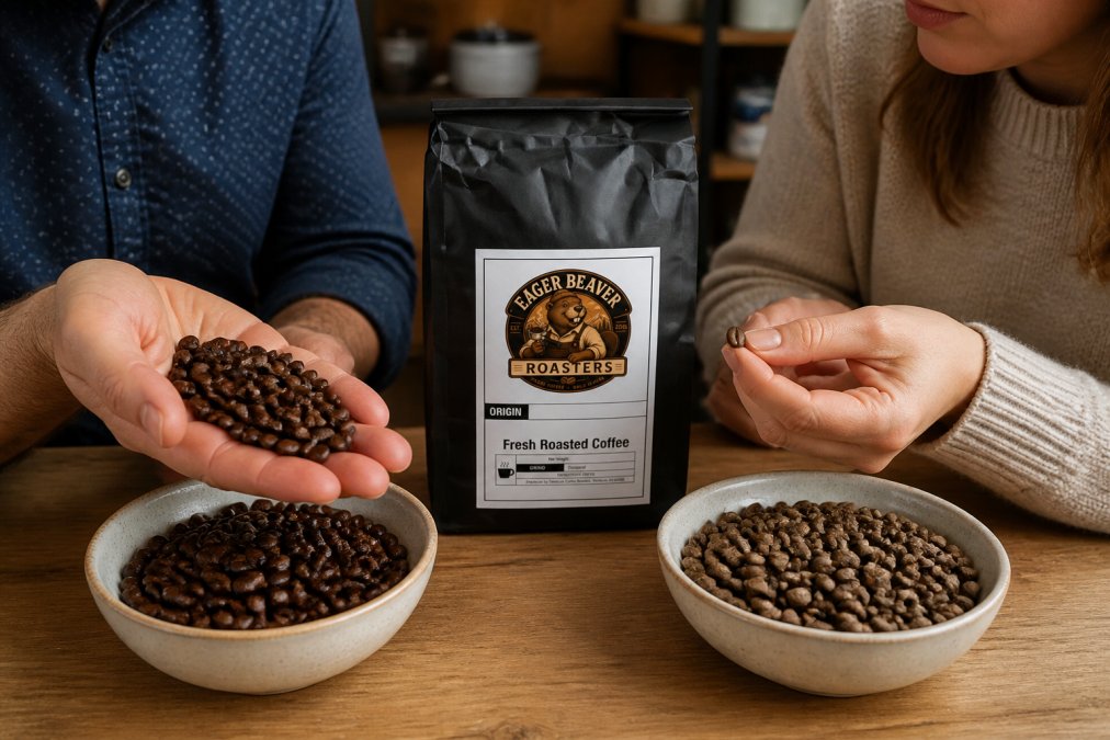 A hand holding freshly roasted coffee beans with a glossy, vibrant appearance next to a bowl of aged, dull-colored beans showing visible surface degradation and loss of luster