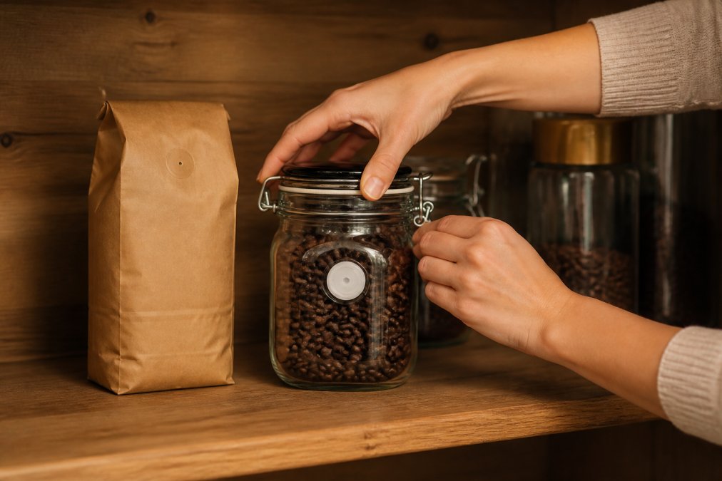 Hands carefully sealing an airtight glass coffee container with a degassing valve in a cool, dark pantry, the roast date label clearly visible on the original coffee package beside it, warm pantry lighting
