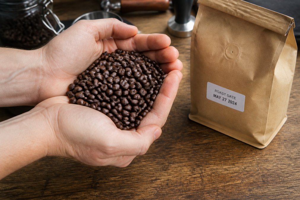 Hands holding fresh roasted coffee beans showing rich deep brown color and glossy surface sheen, positioned next to a coffee bag displaying a roast date label in clear view