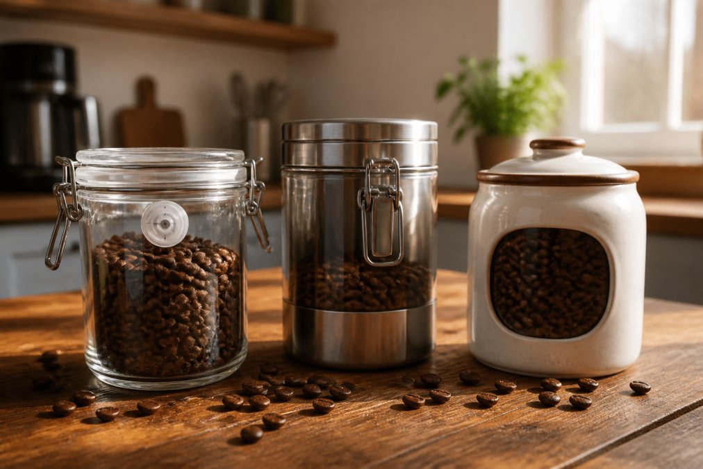 Three different coffee storage containers including glass with one-way valve, stainless steel canister, and ceramic jar arranged on a wooden surface with whole roasted coffee beans visible inside, photographed in warm natural morning light