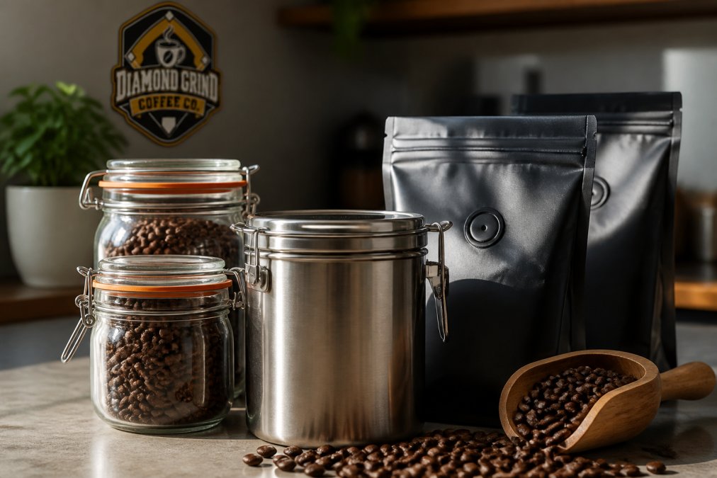 Close-up of various coffee storage containers including airtight glass jars with rubber seals, stainless steel canisters, and vacuum-sealed bags with one-way valves, arranged on a kitchen counter with whole coffee beans scattered nearby