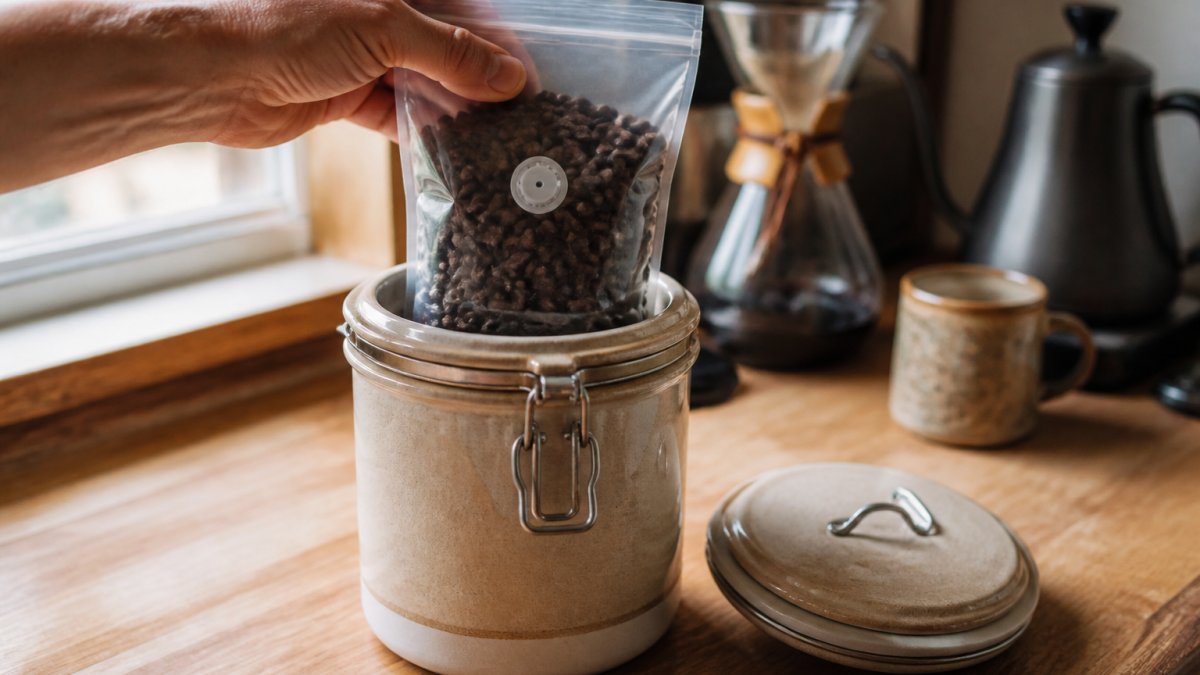 Hand placing a bag of whole coffee beans into an airtight ceramic canister on a kitchen counter
