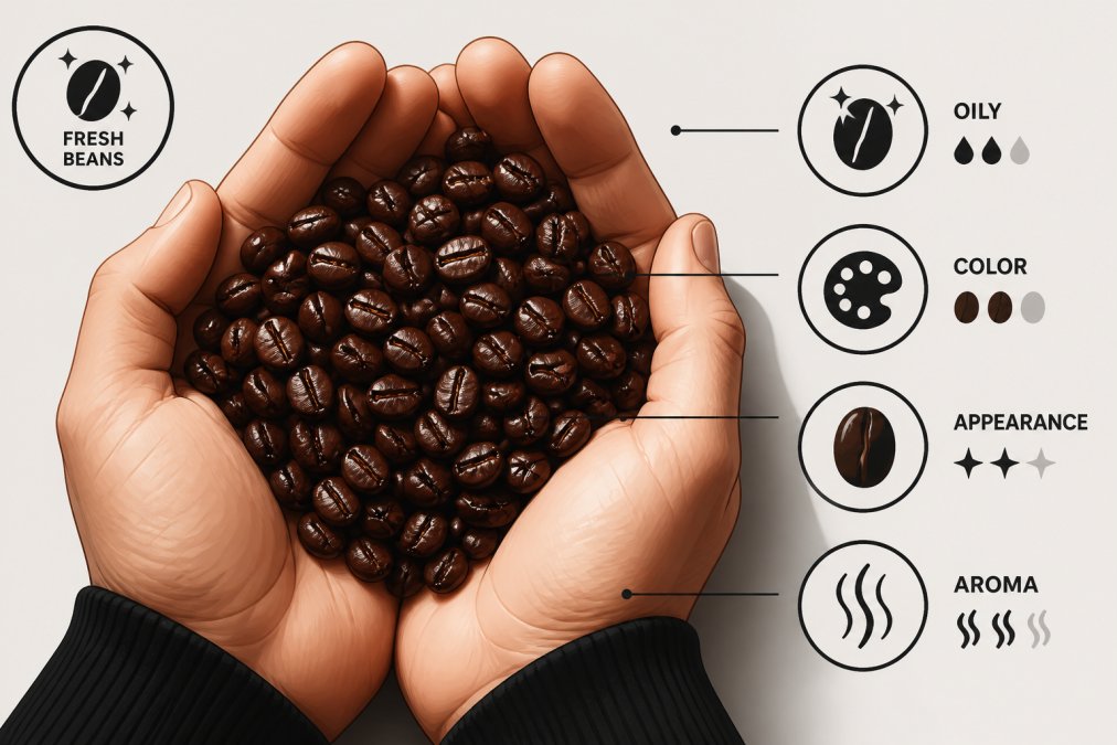 Hands holding a handful of freshly roasted coffee beans with visible oils and glossy sheen, showing rich color vibrancy and texture detail, photographed against a neutral background with warm natural light