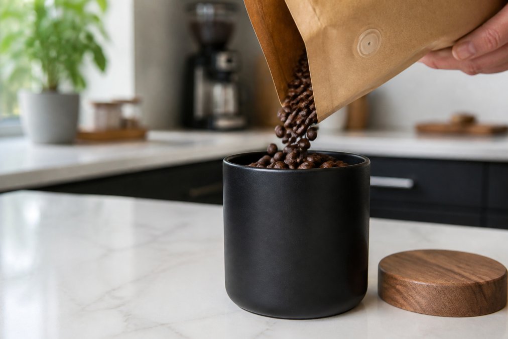 Close-up of whole coffee beans being poured from a kraft paper bag with a one-way valve into a matte black airtight ceramic canister on a clean, well-lit kitchen counter
