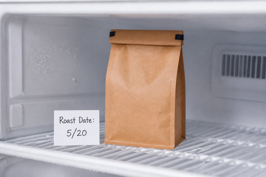 A sealed, labeled kraft paper portion bag of coffee beans resting on a frost-free freezer shelf next to a small notecard with a roast date written in black marker