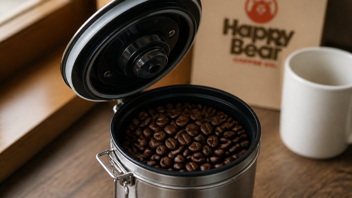 Close-up of an open airtight coffee canister filled with whole coffee beans, showing the patented inner lid mechanism and the beans' rich brown color and texture with natural light