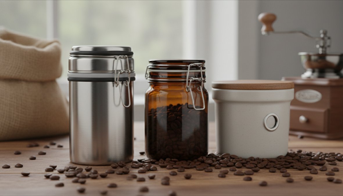 Close-up of a matte ceramic canister, a brushed stainless steel vacuum canister, and a glass jar with a rubber-sealed airtight lid arranged on a warm wooden kitchen counter, with whole dark roast coffee beans scattered around them in soft morning light