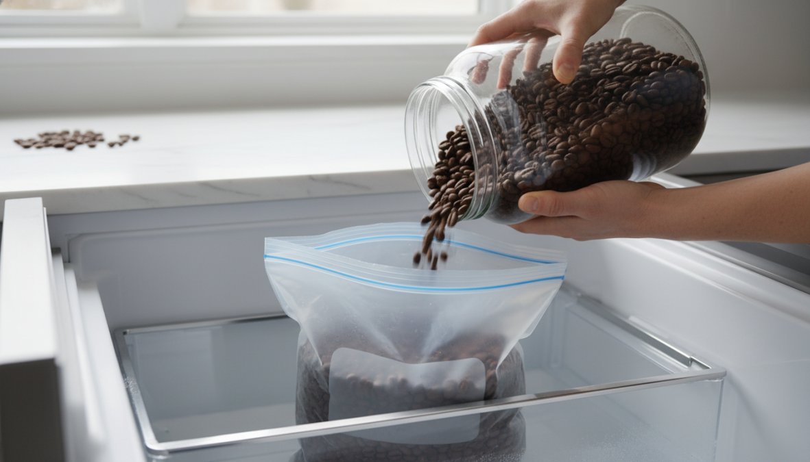 A pair of hands carefully pressing air out of small labeled zip-lock freezer bags filled with whole coffee beans before sealing them, with a clean white kitchen counter and a frost-free freezer drawer open in the background