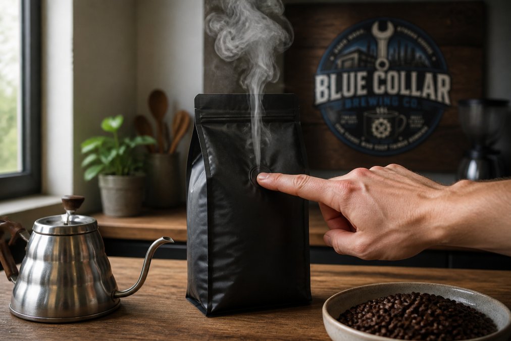 Hand pressing a one-way valve on a coffee bag to store coffee beans properly in a warm, naturally lit kitchen.